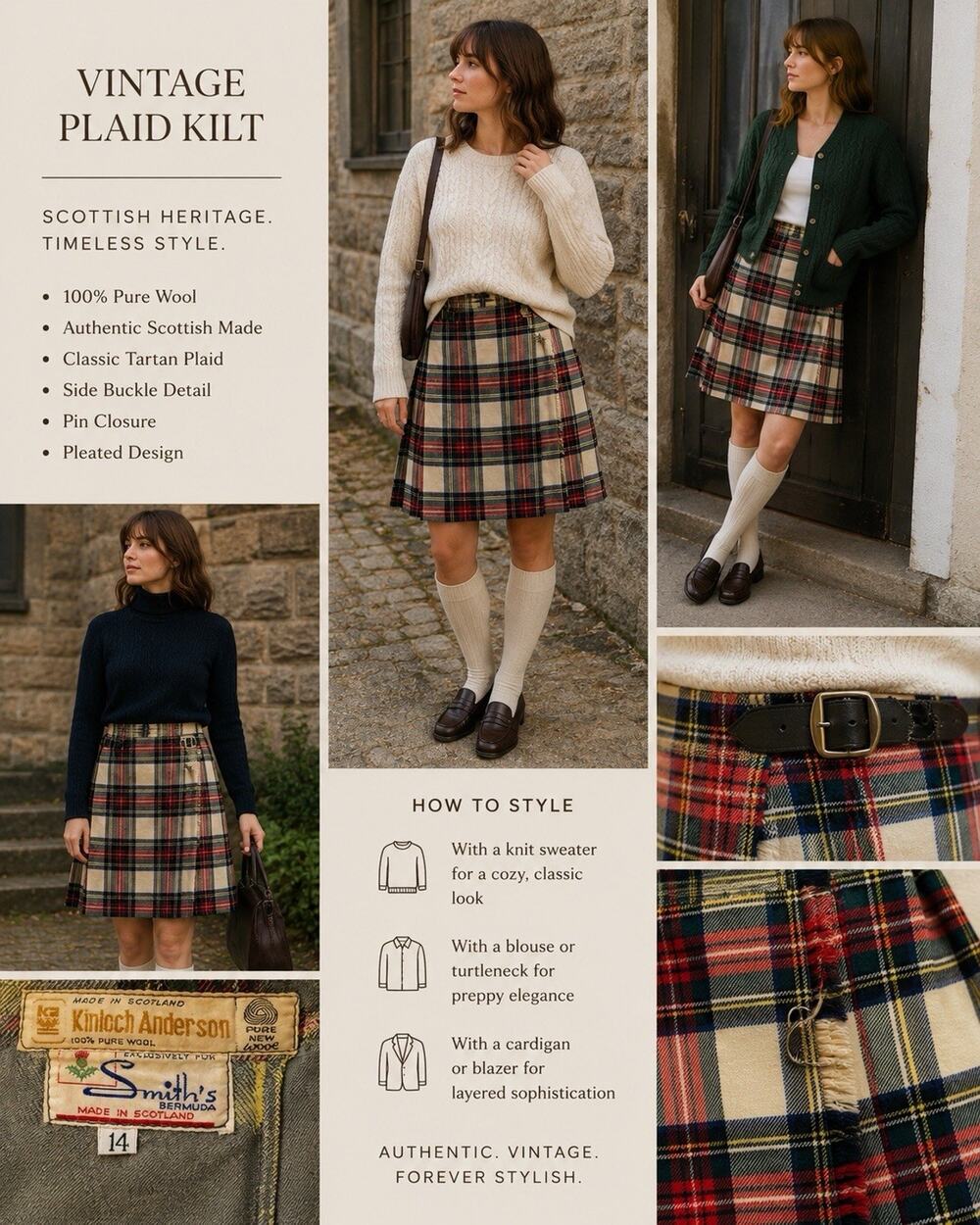 Vintage Kinloch Anderson Wool Kilt Size 14 Made in Scotland Plaid Tartan Pleated